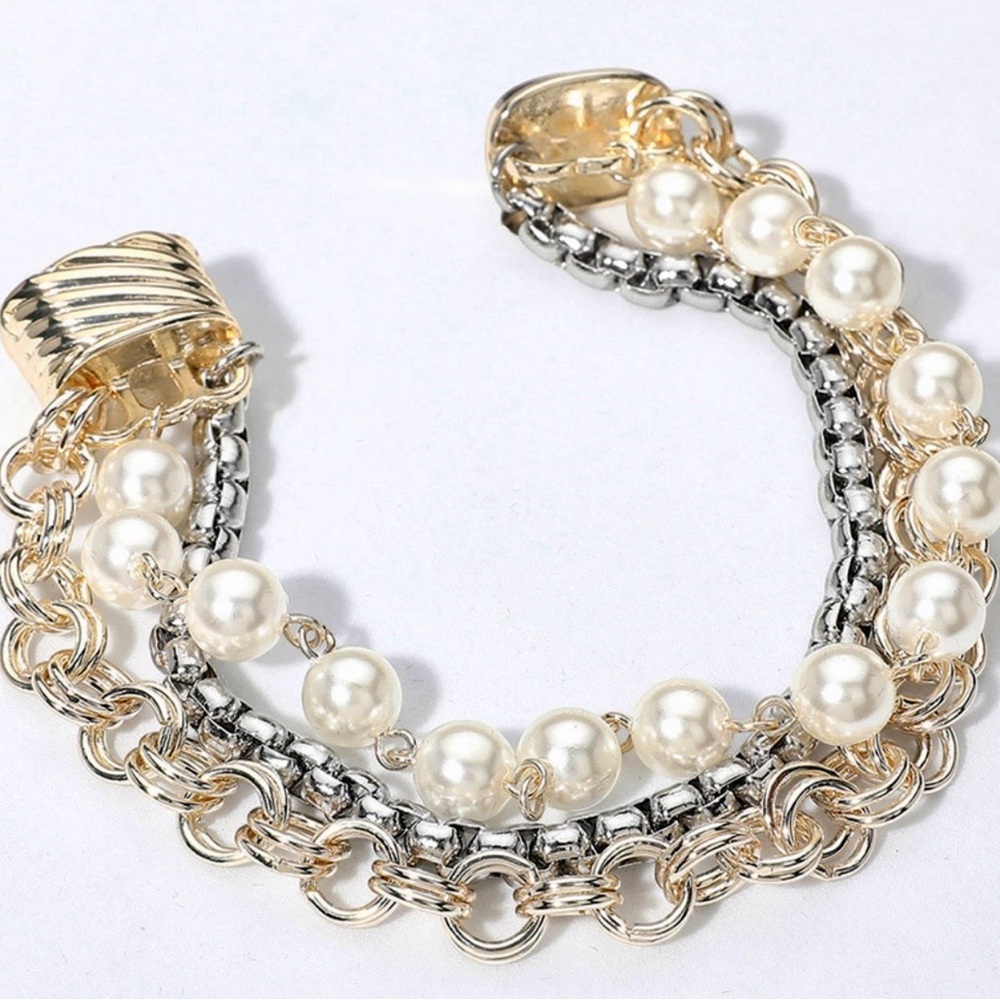 Gold and Silver Pearl Multi-Chain Bracelet - Women Jewelry - Picture 2 of 3